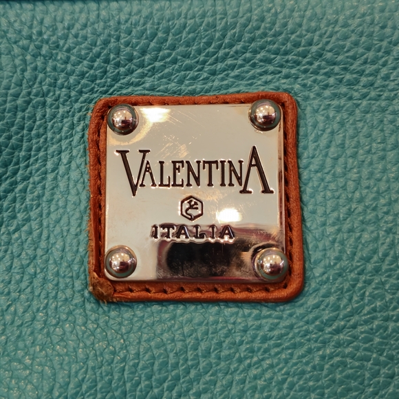 🎀 Valentina Turquoise and Tan Pebble Leather Shoulder Bag with Gold Accents - Picture 3 of 17